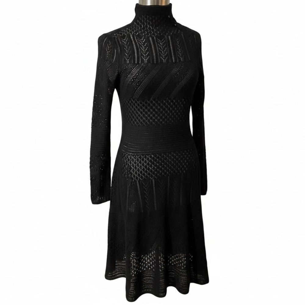 Lauren Ralph Lauren XL Black Mock Neck Pointelle Whimsigoth Midi Dress Women’s